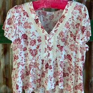 pink and red floral 3 button blouse